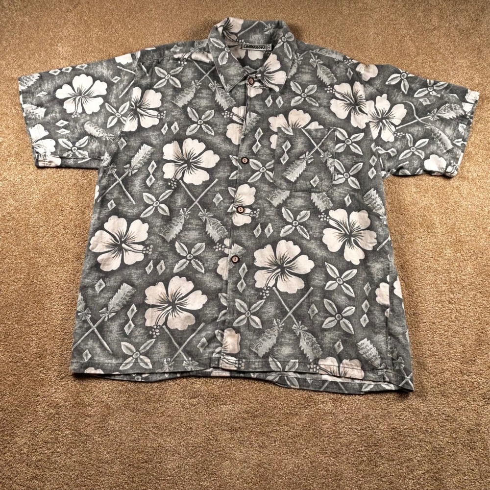 Billabong Mens Hawaiian Shirt Grey White Hibiscus Paddle Floral Print XL